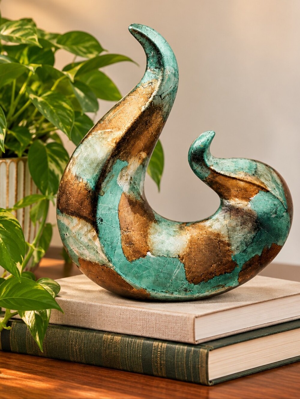 Handcrafted Turquoise and Bronze Abstract Sculpture